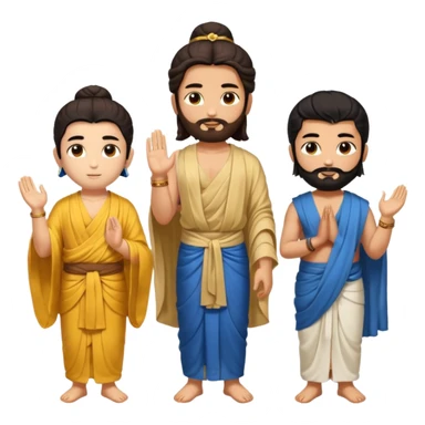 Create a Jesus, Krishna, and Buddha standing together. Buddha: warm golden or light tan skin, dark curled hair with a traditional top bun (ushnisha), half-closed meditative eyes

 sticker