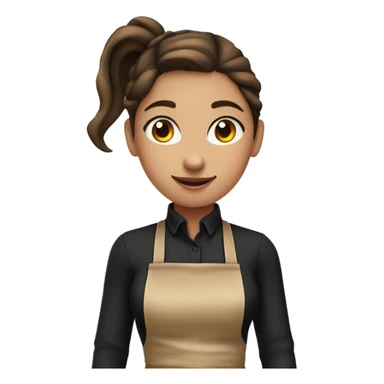 girl with brown hair tied in a ponytail, wearing black gloves, black clothes and an apron sticker