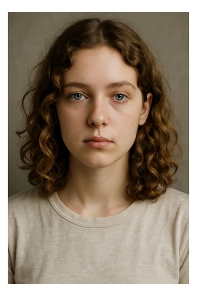 white girl with dark blonde shoulder length curly hair and blue-green eyes, neutral expression, upper body portrait sticker