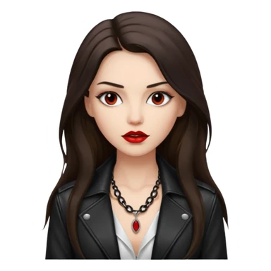 brunette with very long hair in black cuir jacket with red lips and very dark brown eyes and white shirt and mysterious necklace sticker