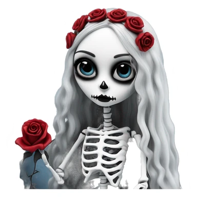full height skeleton, tim burton "corpse bride", thin porcelain doll with a cracked face, goth makeup watery eyes, long hair, lace and ruffles, lolita style, inked, black and white, red roses, gothic castle with roses sticker