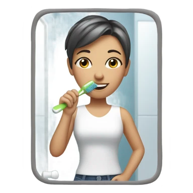 White girl with short hair brushing her teeth  sticker