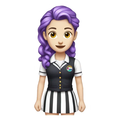 Emma Myers with rainbow hair pale skin wearing purple with black stripes uniform vest and skirt sticker