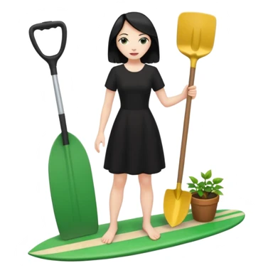 Princess who wearing black dress (woman) black hair holding her phone and a gardening shovel with another hand. She is standing on her feet, there is one green surfing board. sticker