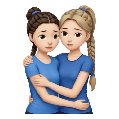Comforting Hug two white skin women, one shorter woman with medium brown simple top ponytail, not braided, and one taller skinny sad face woman with a single long black side braid sticker