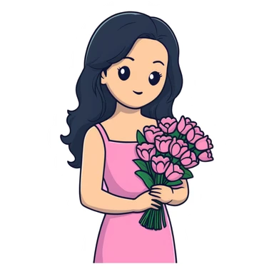 beautiful young woman with long black hair, fair skin, wearing pink dress and holding a bouquet of flowers sticker