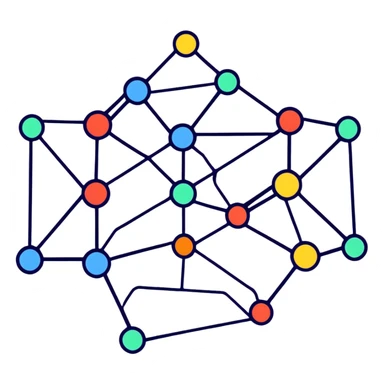 neural network diagram with connected nodes and edges, bright colors, simple design for telegram sticker