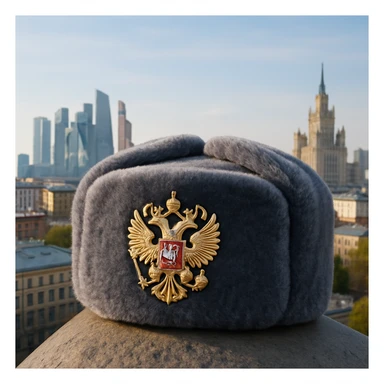 Russian ushanka hat with the emblem of Russia in a city background sticker