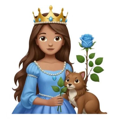 a 12 year old girl with shinny long brown hair and pretty green eyes that have long dark eye lashes wearing a sky blue gown in a beautiful forest with adorable animals and stunning roses and lilacs surrounding her as she smells the only sky blue rose she is also wearing a crown that has pearls sticker