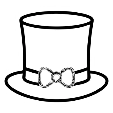 A minimalist black top hat slightly tilted, with a thin ribbon bow in #C5343C color on the brim. Slightly elegant and theatrical, flat vector style. sticker