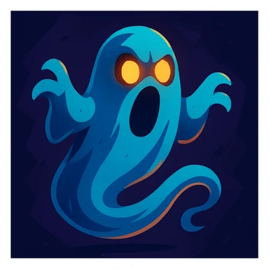 spooky ghost with glowing eyes, wispy tail, dark background, cartoon style sticker
