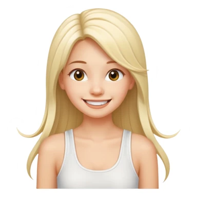 a pretty bratz fair girl with straight long hair, wearing a white noodle strap tank top, smiling sticker