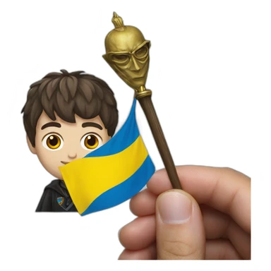 Harry Potter holds a Ukrainian flag sticker