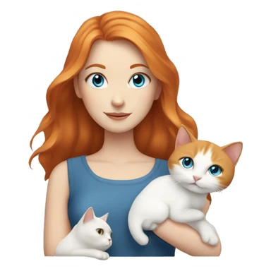 White girl with ginger hair and blue eyes holding a white cat and a gray cat sticker