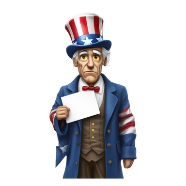 Uncle Sam with pitiful eyes holds a sign at full height waist photorealistic serious sticker