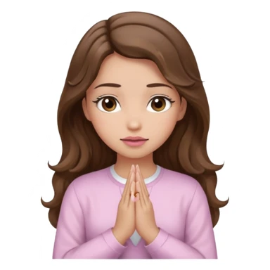 girl with wavy long brown hair, brown eyes, light to medium complexion, long lashes, light pink lipstick, praying, wearing light pink shirt sticker
