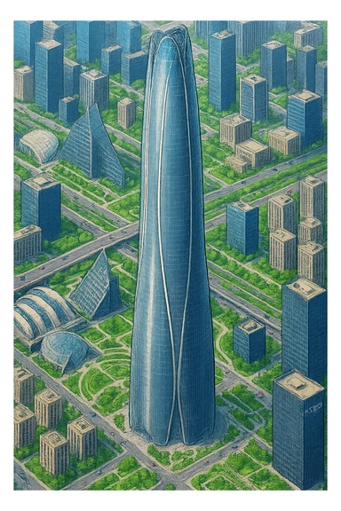 Изометричная, яркая, детализированная, объемная и фотореалистичная иллюстрация башни Tianjin CTF Finance Centre. В стиле 3D-коллажей городов, насыщенные цвета, аккуратные и чёткие линии, мультяшно-реалистичная стилистика. Чёткие контуры, не размазанные линии, высокое качество, прозрачный фон, не обрезать края картинки sticker