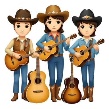 Icon for Country Music: A collage featuring Eagles as a band, Ricky Nelson, and Linda Ronstadt. Acoustic guitars, banjo, cowboy hats and a vintage Americana aesthetic evoke the spirit of classic country and country rock. Warm earthy tones. Transparent background. sticker