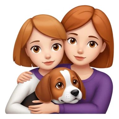 The girl with the melange girl and brown eyes hugs a beagle sticker