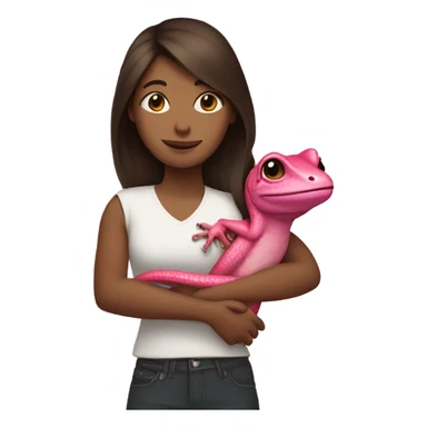 White female with dark brown hair hugging a pink lizard  sticker