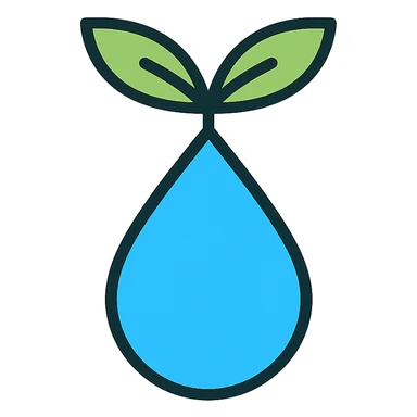 stylized icon of a water droplet with a leafy stem, outlined in black with color fills, vibrant icon style sticker