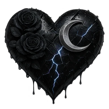 Edit the gothic heart to feature splintered deep black glass, silver crescent moon, black roses, holographic stardust, neon lightning, and a wet look. Keep the background transparent. sticker