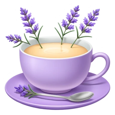 White teacup on a pastel purple plate, lavender flowers on the side, pastelcore aesthetic sticker