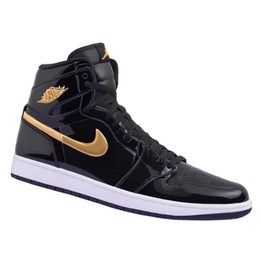 Jordan 1 sneaker, patent leather black material with a metallic gold swoosh sticker