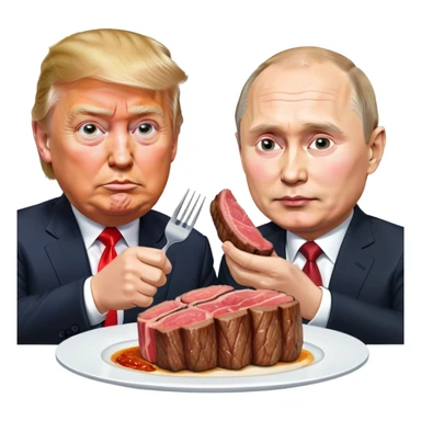 photorealistic Donald Trump and Putin eating a steak shaped like an piece of land sticker