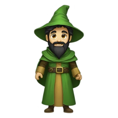 Little mage. Happy. Green cloths. Young look. Black beard.  sticker
