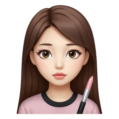 “korean straight long brown hair Emoji girl, soft eyeliner and blush, gradient lips, light brown shimmer eyeshadow sticker