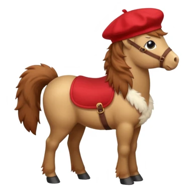 A cute pony (horse) emoji, full body, standing in side view, wearing a stylish red beret. sticker