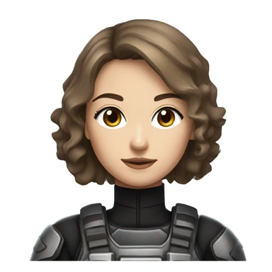 A young woman with a petite and slender build, pale, hazel eyes, and brown hair with a silver strand. She’s wearing black, tactical battle gear. sticker