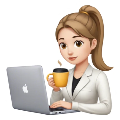 Graphic designer with a ponytail with her laptop and a coffee cup sticker