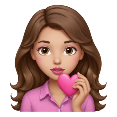 girl with long wavy brown hair, brown eyes, light to medium complexion, in a pink shirt, pink lips, long lashes, sexy , puckering, blushing, kissing a heart sexy sticker