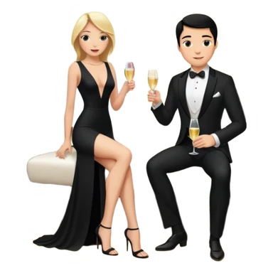Blonde woman, black, Long, tight, sleveless Dress, Slot left Leg, man, DARK Hair, in Dinner jacket, Background bedroom, drinking champaign sticker