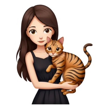 Beautiful skinny woman long dark brown hair in dark dress hug bengal cat sticker