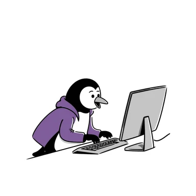 A hand-drawn penguin wearing a purple hoodie typing enthusiastically on a computer keyboard sticker