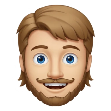 25 year old man, short scruffy beard and sparse moustache, brown puffy mullet, blue eyes, big smile, white teeth, big lips, pronounced jaw sticker