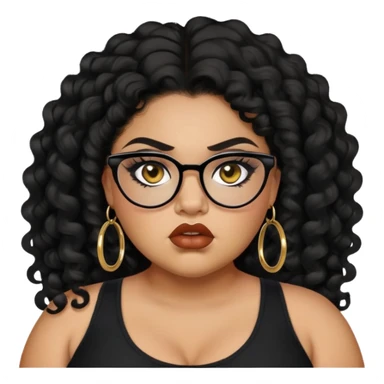 angry, teen big plus size, latina, darker tan skin, natural lipgloss, small gold hoops, long black curly hair, baddie,pretty, makeup, black eyeliner, black top, black glasses sticker