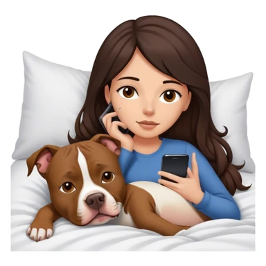 Girl long dark brown hair in layers cascading  down her face lays bed with her cell phone and her brown pit bull lays guarding her sticker