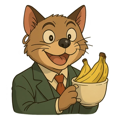 ghibli style cat with a dog nose, wearing a suit, earring, holding a cup of bananas, playful expression sticker
