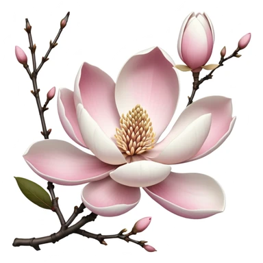 Japanese style Magnolia kobus (kobushi) flower in ukiyo-e inspired design, elegant white petals with subtle pink tinge, bare branches, traditional composition like Japanese woodblock prints sticker