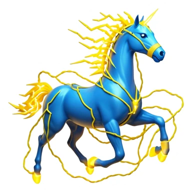 3D yellow electric horse made of lightning bolts, yellow electric wires, blue electricity sparks, dynamic running pose sticker