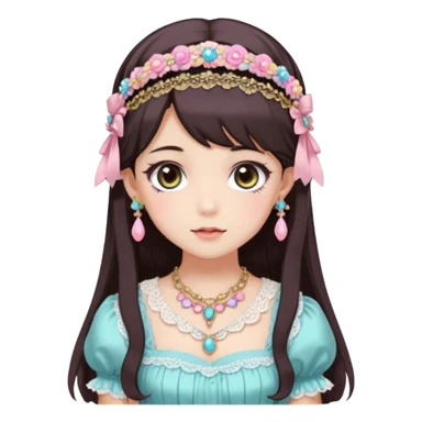 Gorgeous spectacular epic realistic mature anime-styled smooth soft shiny romantic pastel anime style lady with blushing cheeks, with a lace-maiden-headband, long beautiful luscious stylish hair, big pretty eyes, dark-brown hair, colorful pastel Lolita dress, necklaces, jewels sticker
