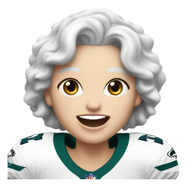 White female older female light skin light lips white hair short hair wavy hair blue-green eyes wearing Philadelphia eagles jersey cheering sticker