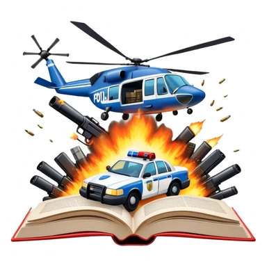 Icon for Action & Crime Reading: an open book with text, from which a police car is driving out along the pages, with explosions behind, a helicopter flying overhead, and a pistol with ammo and grenades in front. Transparent background. sticker