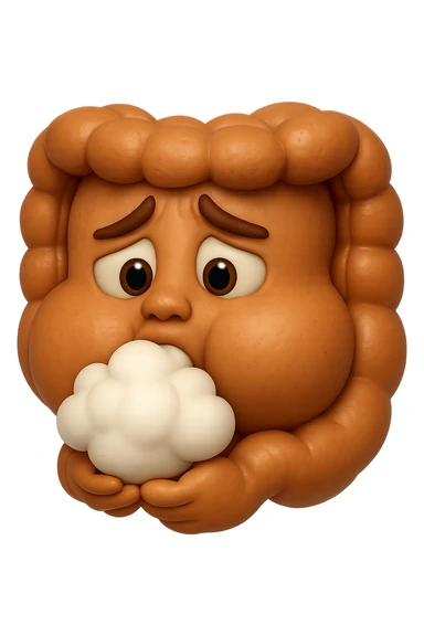 emoji stile iphone di un intestino che ingoia una nuvoletta di aria ben visibile e gli si gonfia la pancia, iperrealistico 4k sticker