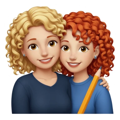 A woman with pencil straight, blonde hair and a nose piercing and a woman with curly red hair and a nose piercing are hugging and smiling together. sticker