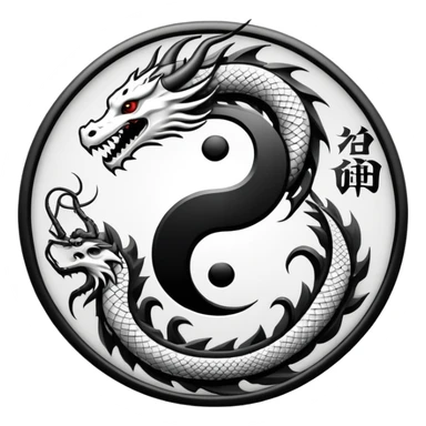 An icon symbolizing Eastern martial arts in the style of an emblem, featuring a black-and-white Yin-Yang symbol and a dragon at the center, surrounded by elements like a dojo. Transparent background highlights balance and power. sticker